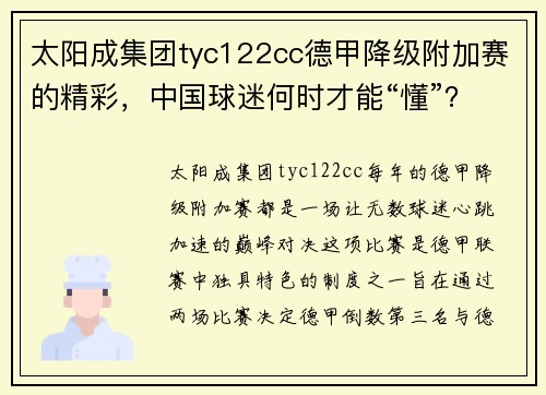 太阳成集团tyc122cc德甲降级附加赛的精彩，中国球迷何时才能“懂”？ - 副本