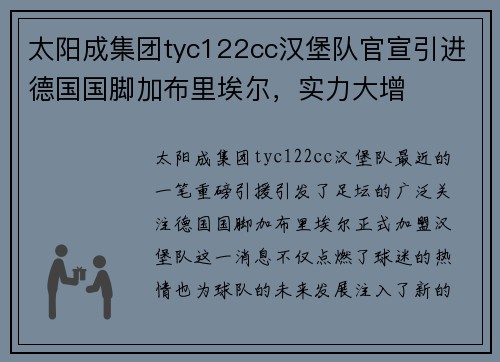 太阳成集团tyc122cc汉堡队官宣引进德国国脚加布里埃尔，实力大增